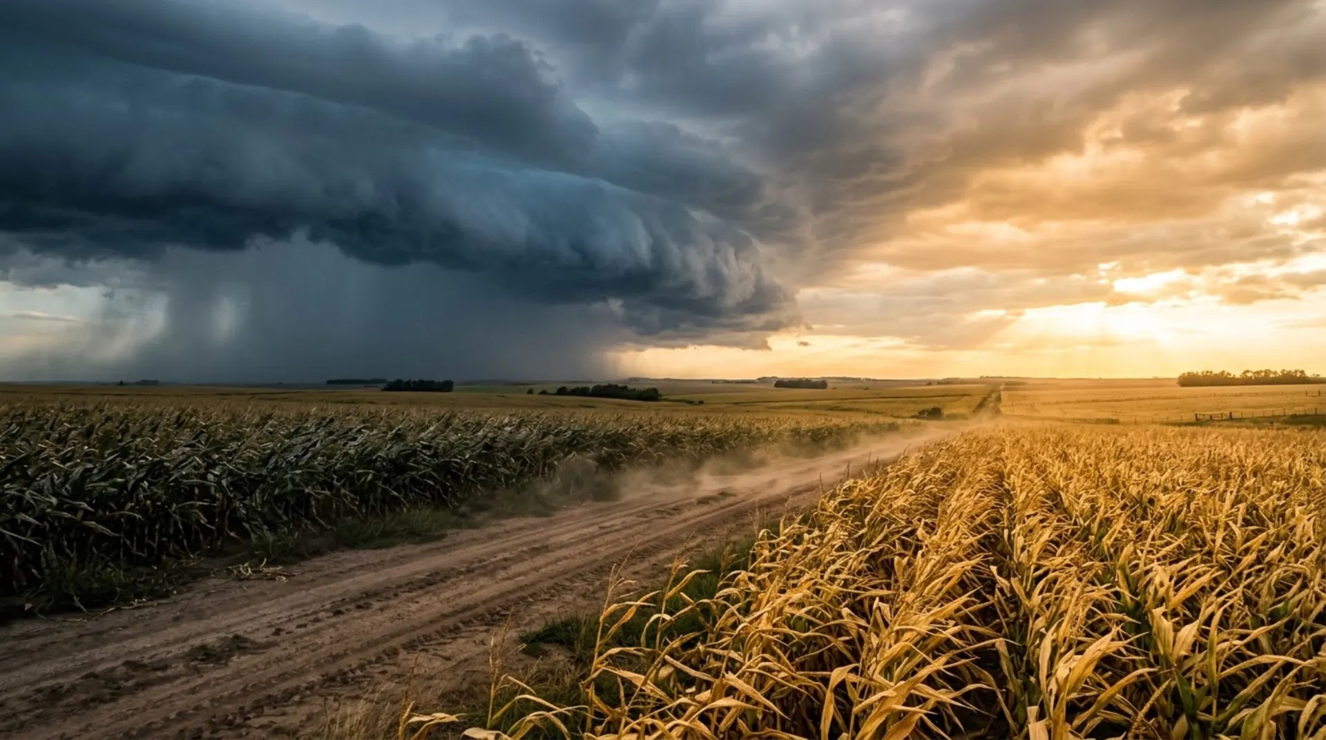 Un frente de tormenta entrando sobre un maizal: a la izquierda ya llueve, a la derecha todavía entra el sol
