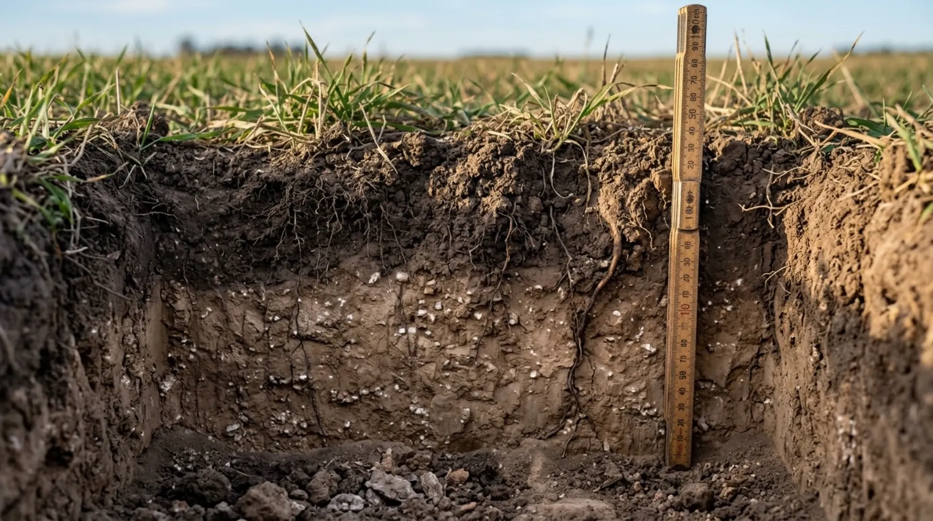Una calicata abierta: los horizontes del suelo, las raíces que bajan y la capa dura donde se frenan
