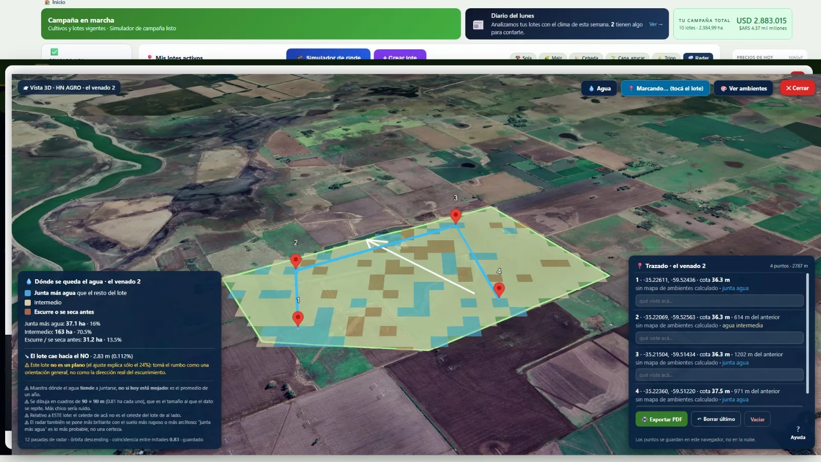 Vista 3D del lote: dónde tiende a juntarse el agua, leído por radar