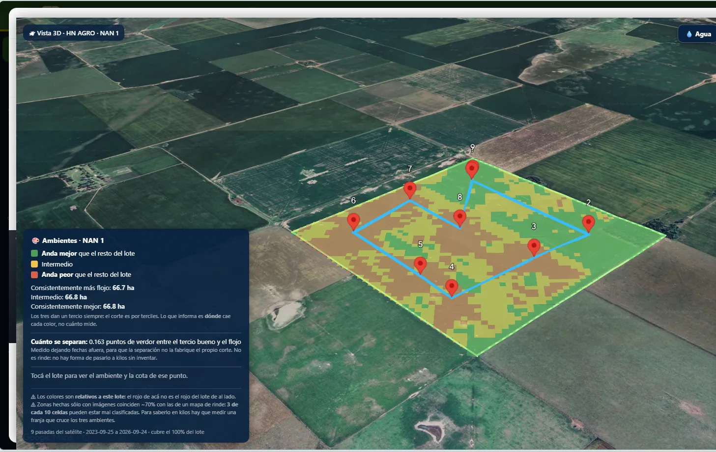 Vista 3D del lote con los tres ambientes y el recorrido caminado